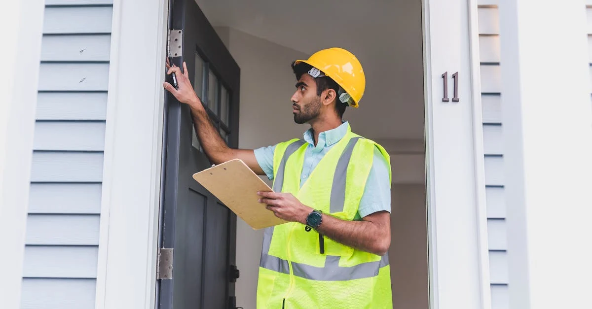 A home inspector in safety vest and hard hat checks doorframe alignment with clipboard outdoors.